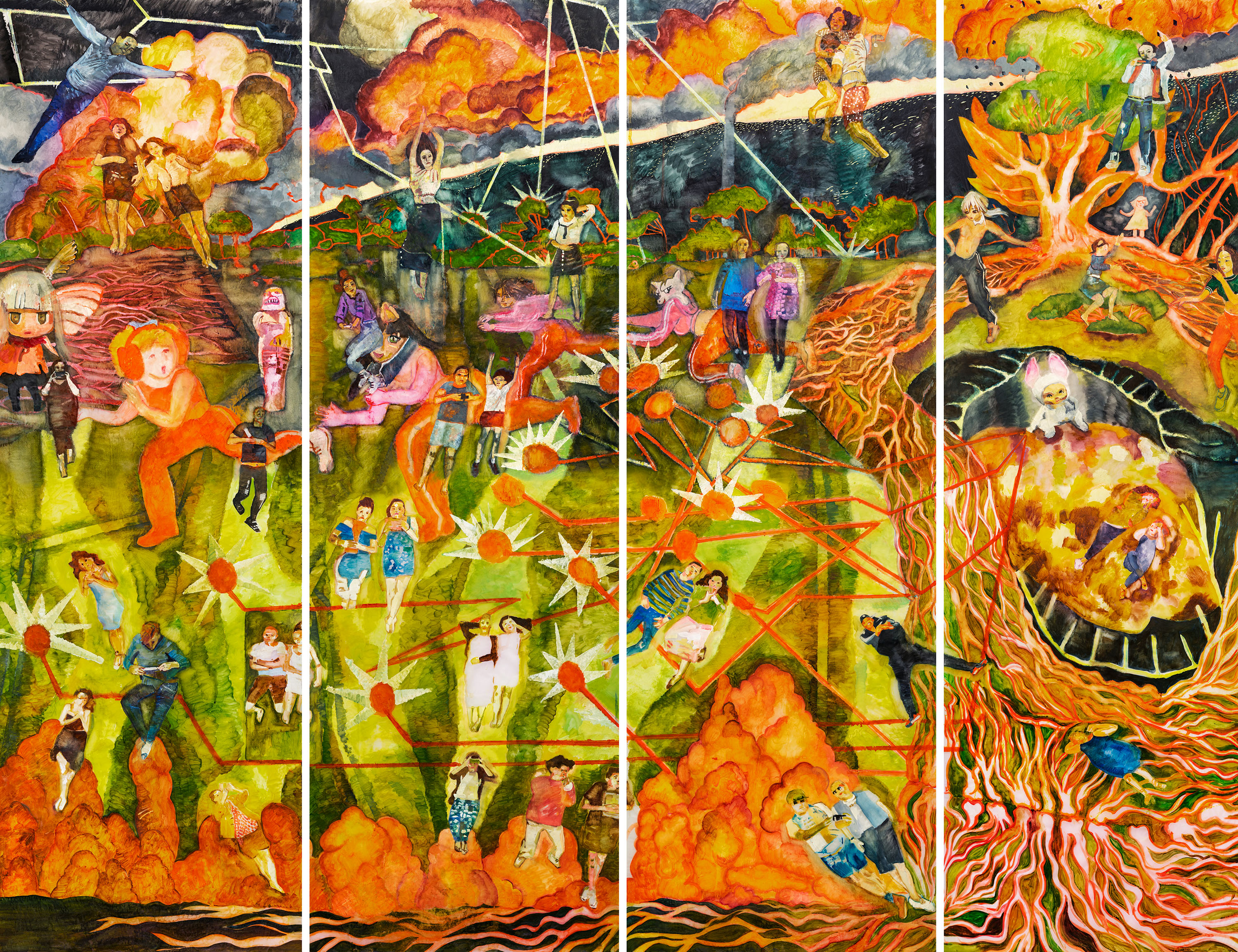 A colourful multi-panelled painting depicting dozens of small figures scattered across a chaotic scene. There are several plumes of orange smoke suggesting explosions, and tree roots twisting and creeping down the right-hand side of the picture.