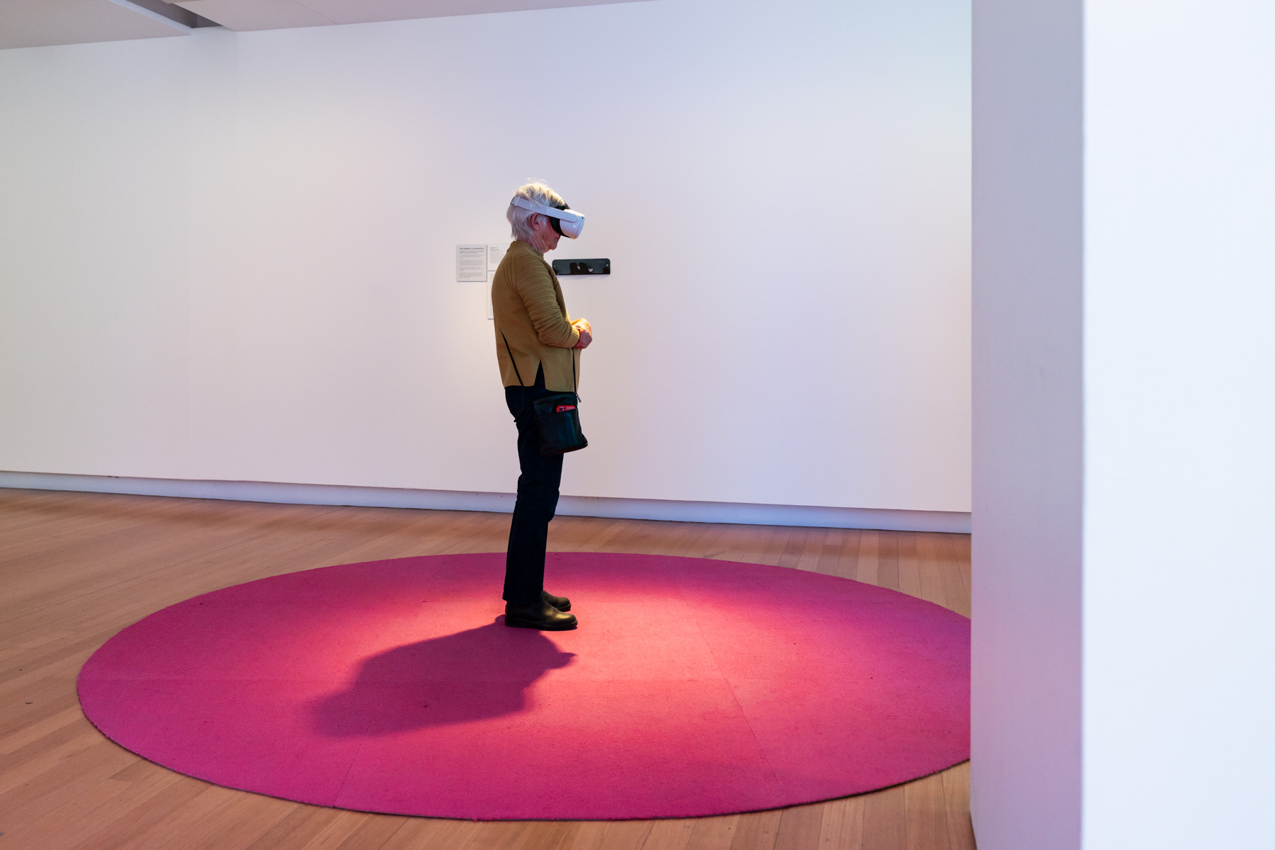 A person wearing a VR headset and standing on a pink circle of carpet in an art gallery.