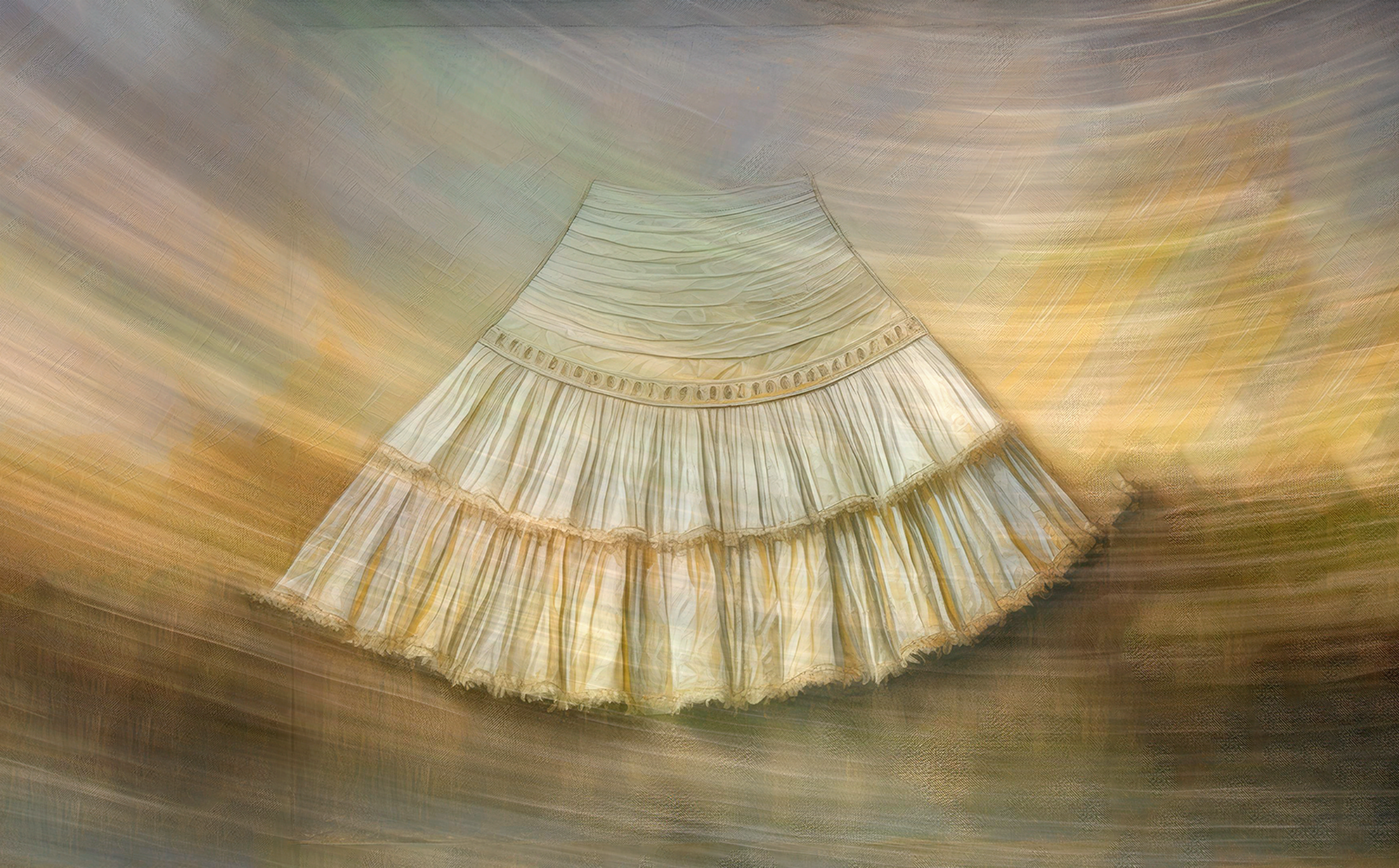 A three-tiered 19th Century petticoat fanning outwards, with blurry, curved lines sweeping across the image.