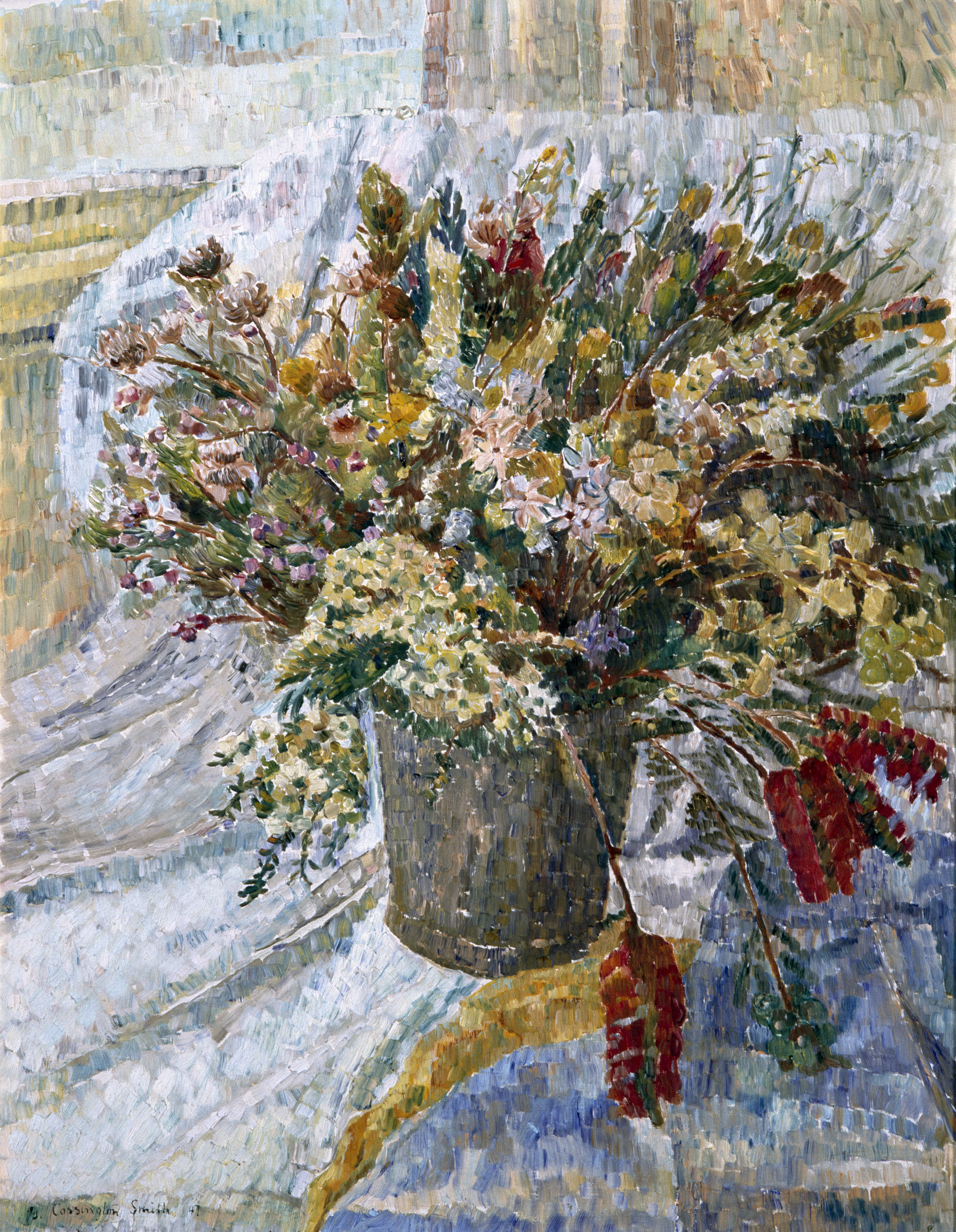 A painting of a bucket filled with native Australian flowers, painted with short rectangular strokes.