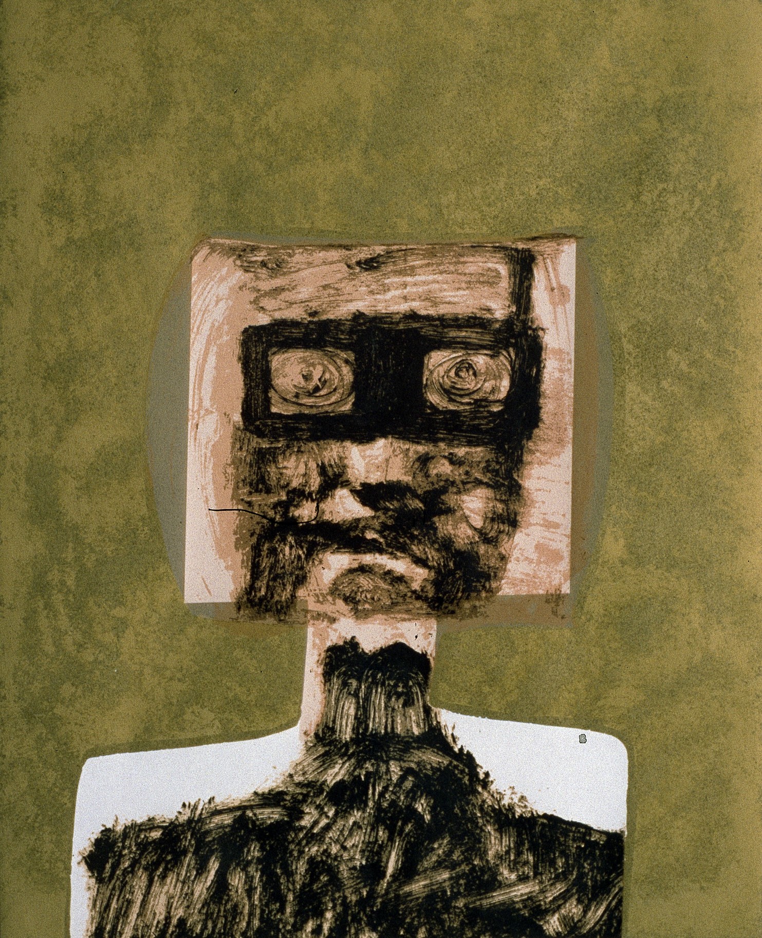 A screenprint of a figure with a square shaped head and boxy shoulders. The background is a muted flat green.