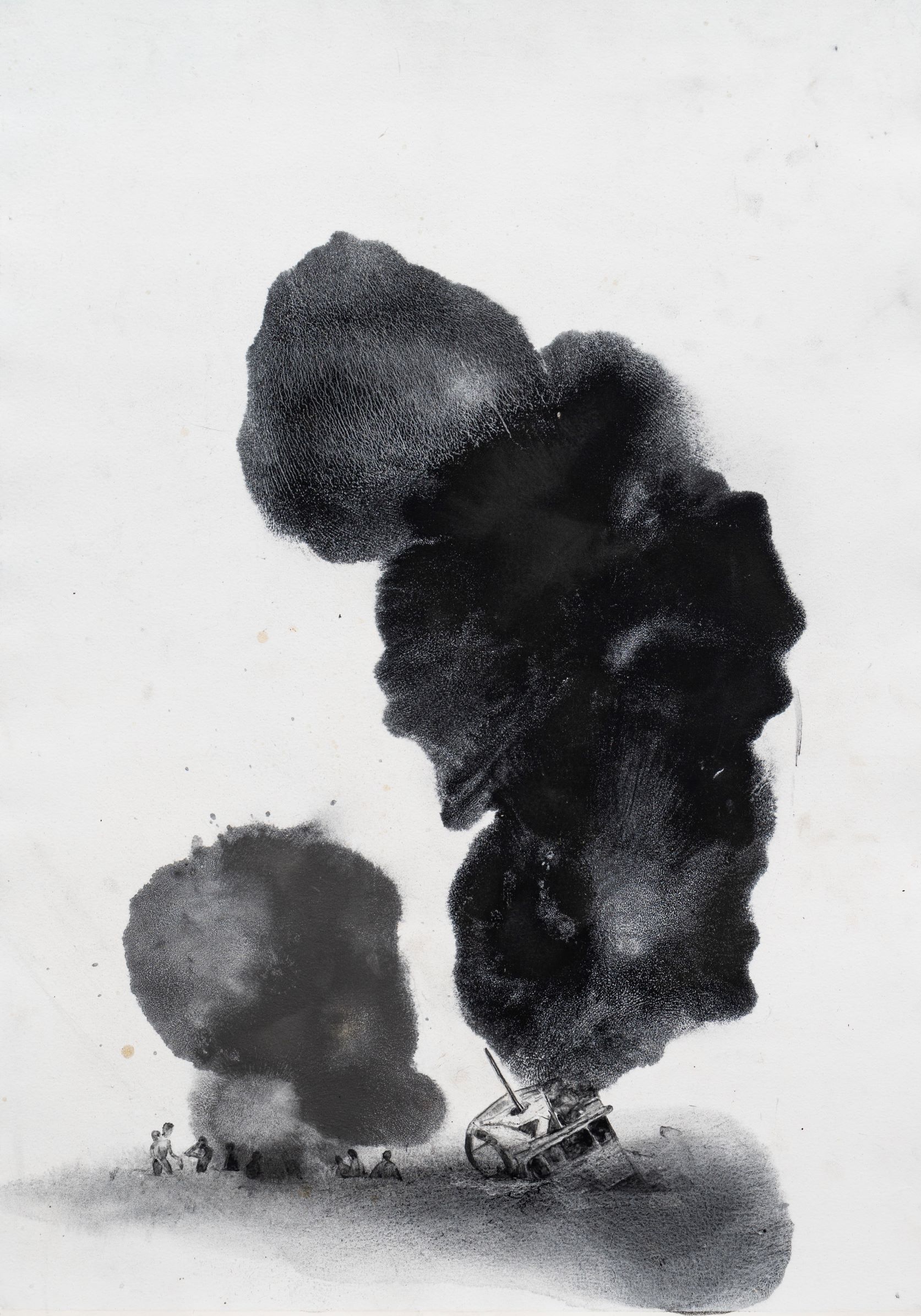 A charcoal and ink artwork on paper depicting a sinking boat and large plumes of smoke