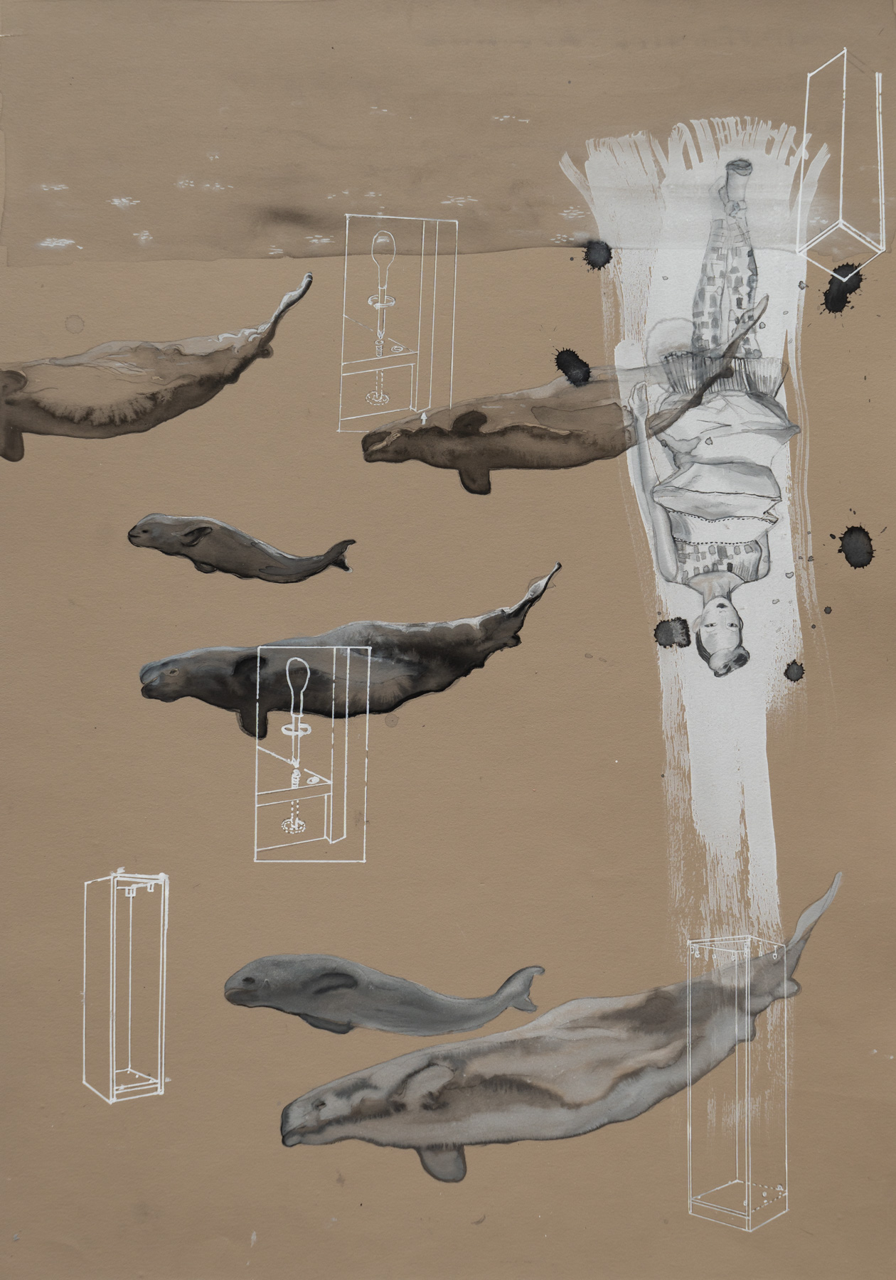 A gouache and ink painting of a pod of whales and an upturned human figure on beige paper.